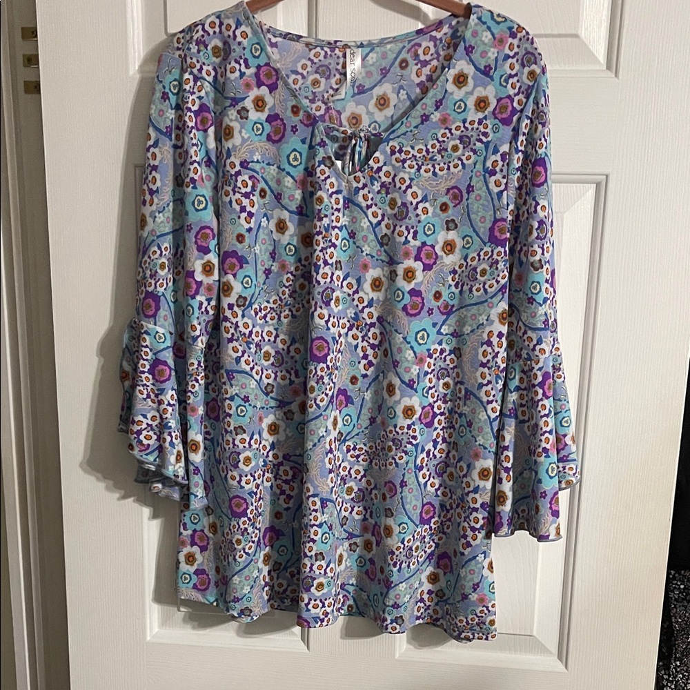 Light Blue Floral Paisley Tunic with Purple Accents